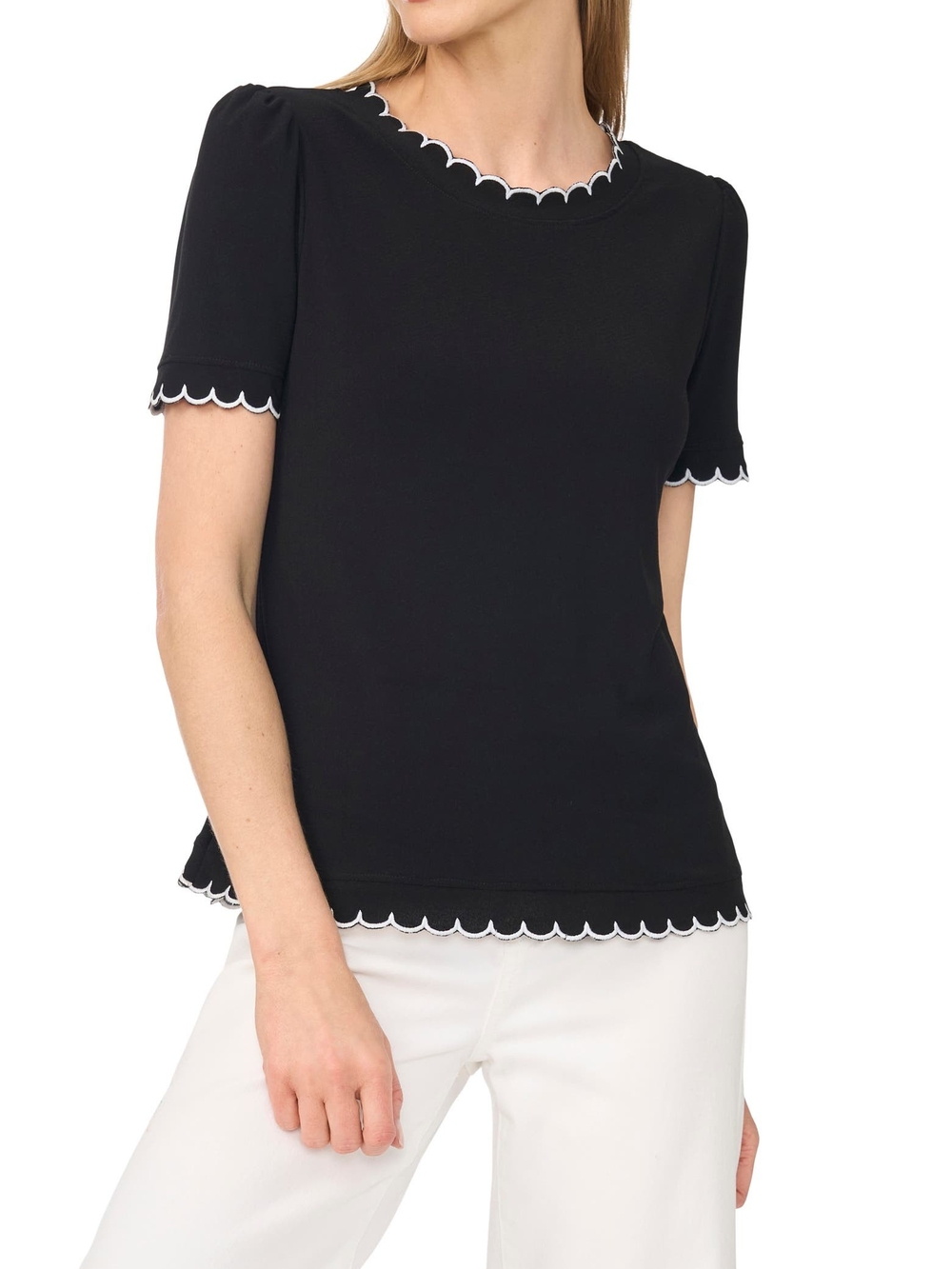 CeCe Black Short Sleeve Scalloped-Edge Knit Top